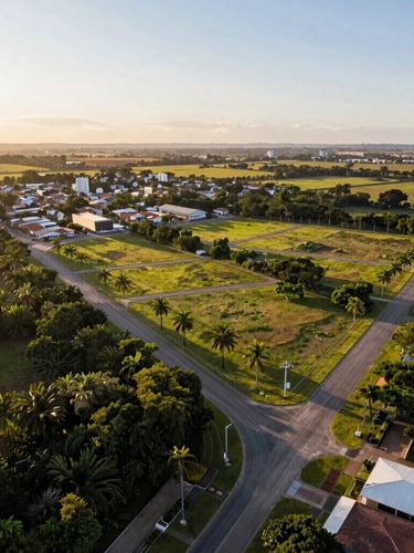 Vista aérea de drone mostrando loteamento planejado com ruas asfaltadas, demarcações precisas de lotes, cercado por vegetação natural sob a luz dourada do fim de tarde