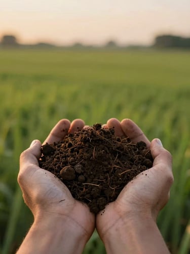 Close-up of rich dark Amazonian soil held in hands, with expansive green fields blurred in the background under warm sunset light