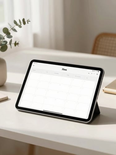 An elegant, minimally styled workspace, open digital tablet displaying a clean planner, soft morning window light casting gentle shadows, 35mm
