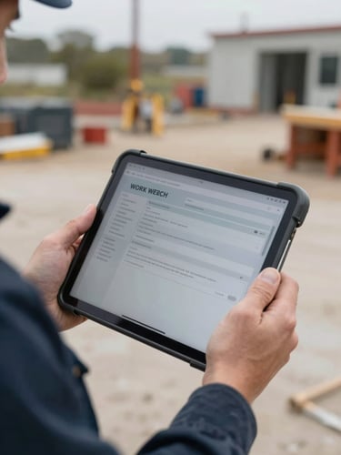 Close-up of hands holding a rugged tablet displaying a work order on a job site, with a blurred background of tools and equipment, natural overcast daylight, muted navy and slate tones, shallow depth of field, 35mm lens.
