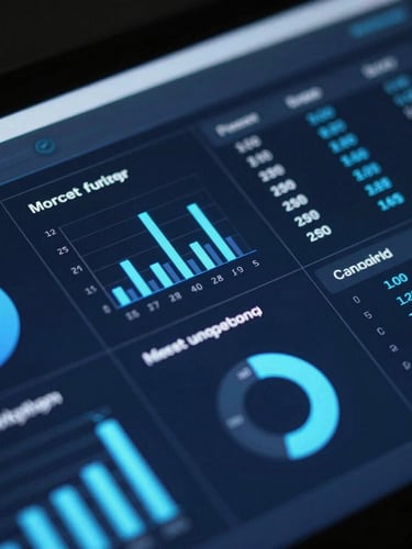 Macro shot of a high-resolution data dashboard displaying real-time marketing analytics, cool blue and neon cyan lighting, dark slate background, sharp focus, 35mm lens