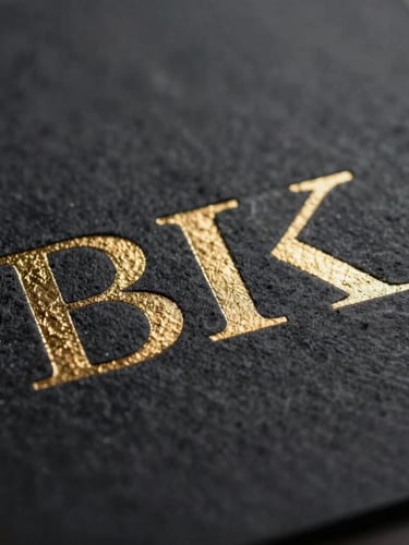 Macro close-up of heavy charcoal paper stock embossed with gold foil lettering, dramatic low-key side lighting