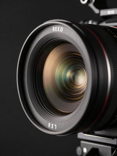 Extreme close-up of a high-end RED cinema camera lens, dramatic side-lighting casting deep shadows, reflecting a warm champagne-gold accent light, dark studio background.
