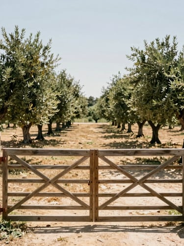 Medium-wide environmental shot of a rustic estate farm gate in olive grove under high-contrast Mediterranean sunlight, warm editorial photography