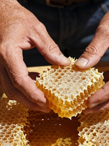 Close-up macro shot of weathered hands inspecting raw, golden honeycomb under high-contrast Mediterranean sunlight, rich earthy tones.