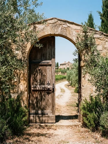 Medium shot of a rustic wooden estate farm gate in high-contrast Mediterranean sunlight, olive branches framing the stone archway, medium format film.