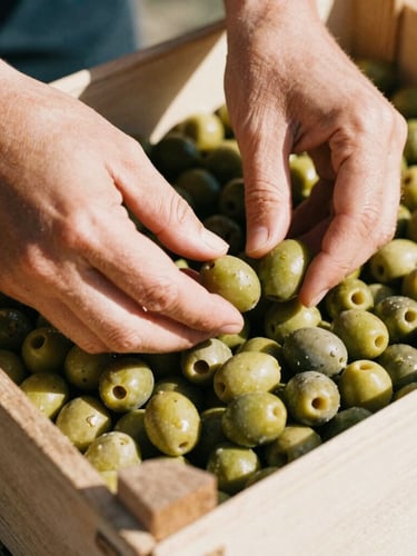 Tight macro shot of hands inspecting raw green olives inside a rustic wooden crate, warm natural sunlight, medium format film