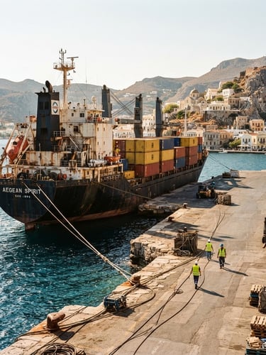 High-contrast environmental shot of a cargo vessel docked in a sun-drenched Mediterranean harbor, warm editorial photography, medium format film.