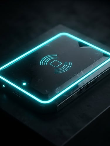 Macro close-up of a sleek, dark obsidian NFC-enabled hardware module with sharp neon-cyan rim lighting, dramatic low-key studio setting, hyper-realistic 3D render, 8k