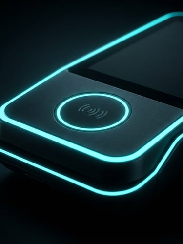 Macro close-up of a sleek obsidian NFC-enabled terminal, sharp neon-cyan rim lighting, dramatic low-key studio setting, hyper-realistic 3D render, 8k