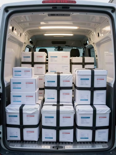 Interior of a cargo van cargo hold, wide environmental shot, sealed pharmaceutical cartons and specimen transport bins secured in labeled compartments with locking straps, bright overhead fluorescent lighting making every label and seal clearly visible, clean white van walls, no people in frame