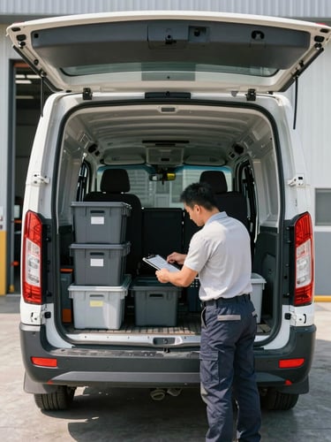 Wide environmental shot of a professional logistics driver conducting a pre-route vehicle check at the rear of a white cargo van, secured specimen transport bins visible in the cargo hold, overhead daylight illumination, loading dock in background, no faces shown