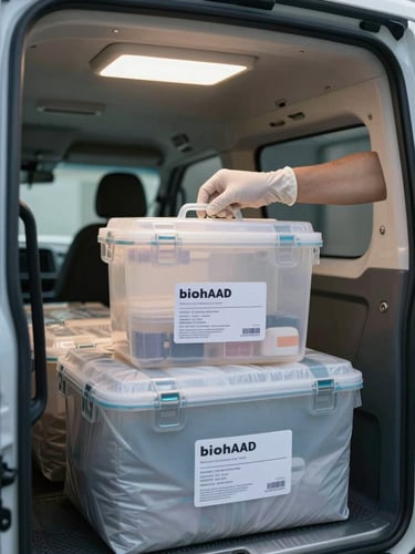 Close-up of a sealed specimen transport bin being loaded into a cargo van interior, bright overhead bay lighting, labeled biohazard packaging secured in padded slots, gloved hands visible verifying the seal, clinical and precise