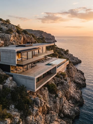 Cinematic aerial drone photograph of a modern luxury concrete villa on a rocky cliffside at golden hour, calm sea below, sharp architectural lines, medium format look.