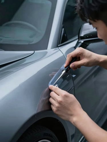 Sleek close-up of a technician applying precise masking tape to a sports car fender, high-contrast cool studio lighting, metallic gray tones