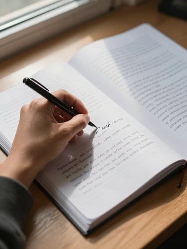 Close-up overhead shot of a student's hand writing in a notebook on a wooden desk, draft essay pages spread out beside it, warm north-facing window light raking across the paper, ink visible mid-stroke