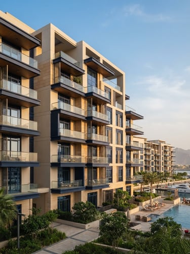 A medium-wide environmental shot of a modern residential building facade in Ras Al Khaimah, warm natural Arabian sunlight casting soft shadows, architectural focus, 35mm lens.