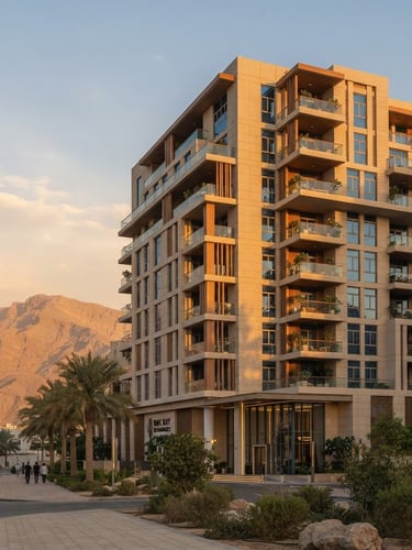 A medium-wide architectural photograph of a modern residential mid-rise in Ras Al Khaimah, captured from a low angle during the soft golden hour. Warm Arabian sunlight casts long, elegant shadows across the clean sand-toned facade, with the rugged Jebel Jais mountains visible in the distant background.