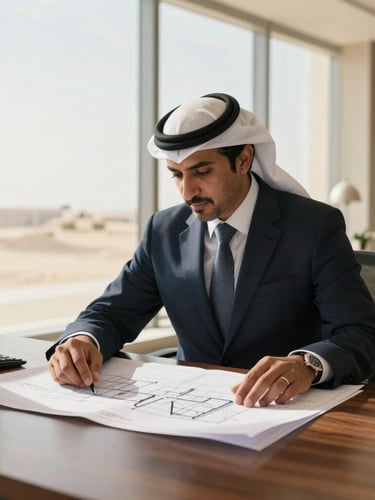 A professional broker in a modern, sunlit office in Ras Al Khaimah, reviewing architectural blueprints on a dark wood table, warm natural light, 35mm lens