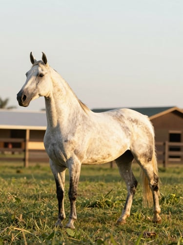 Wide environmental shot, a Mangalarga Marchador mare in left-facing full-body profile walking in a green pasture at golden hour, her gait mid-stride showing the marcha movement, warm afternoon light, farm buildings softly visible in background, no humans