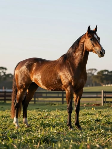 Wide panoramic frame, a Mangalarga Marchador stallion in full-body right-facing profile standing in a sunlit pasture, golden-hour light raking across the horse's coat from the right, deep green grass in the foreground, farm fencing and tree line in the background, no humans visible