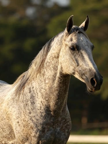 Close-up documentary detail of a Mangalarga Marchador stallion's neck set and shoulder in profile, natural golden-hour sidelight illuminating musculature and coat texture, deep green vegetation blurred in background, no humans, no tack