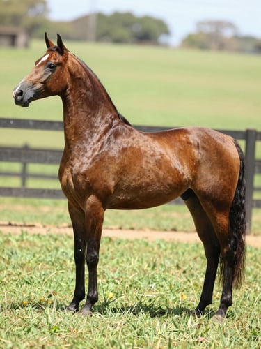 Environmental wide shot, a Mangalarga Marchador stallion in three-quarter rear view showing hindquarters and tail carriage in a farm paddock, natural midday light, warm tobacco-brown coat, green pasture and wooden fence structure in background, no humans