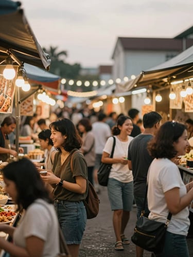 Busy night market scene, warm string lights illuminating diverse food stalls, people laughing and interacting, natural light, shallow depth of field.