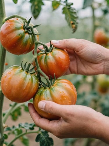 Farmer's hands gently picking ripe, colorful heirloom tomatoes from the vine, natural overcast daylight, shallow depth of field.