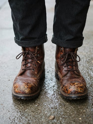 Close-up of worn leather work boots standing on rain-slicked concrete, soft overcast daylight, raw documentary style
