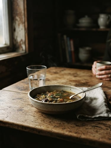 Moody documentary photography of a warm, low-key indoor space, a simple wooden table with a bowl of warm soup, soft window light, raw emotional atmosphere, 35mm film grain.