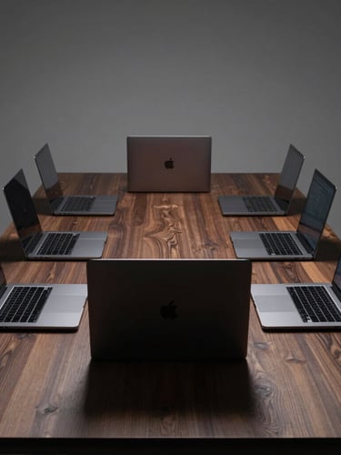 Wide symmetrical shot of a pristine fleet of space-gray MacBook Pro laptops aligned perfectly on a minimalist dark wood desk, dramatic edge lighting, high-contrast studio shadows.