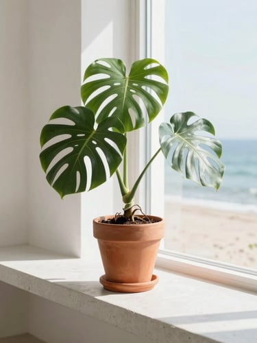 A beautiful monstera deliciosa plant in a warm terracotta pot on a sun-drenched concrete bench in a minimalist coastal living room, soft natural light, 35mm