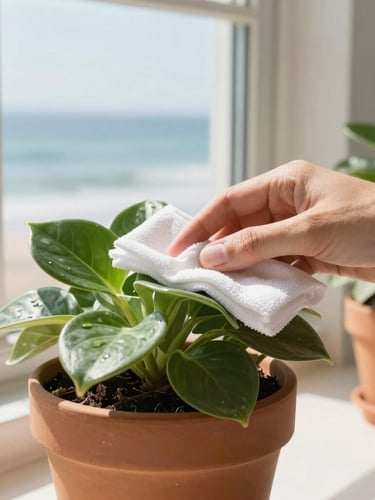 Close-up of a hand gently wiping a lush green leaf of a potted plant in a bright, sunlit coastal greenhouse, warm terracotta tones, 35mm