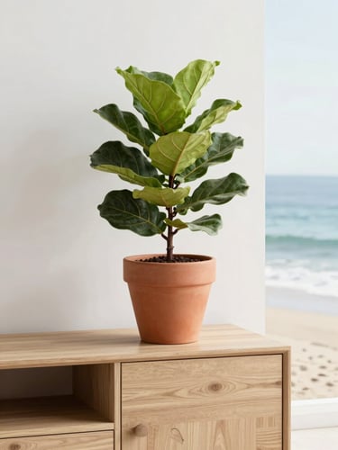 A lush fiddle leaf fig in a warm terracotta pot styled on a minimalist oak sideboard, bright diffused coastal daylight, 35mm