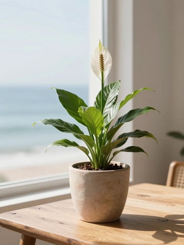Close-up of a vibrant peace lily in a textured stoneware pot on a coastal timber table, sun-drenched room, soft shadows, 35mm