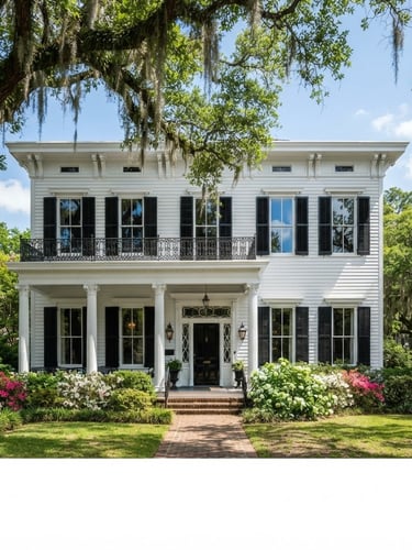 Premium architectural photography of a historic home in Mobile, Alabama, freshly painted with crisp white siding and deep black shutters, bright natural Southern daylight, sharp focus, 35mm.