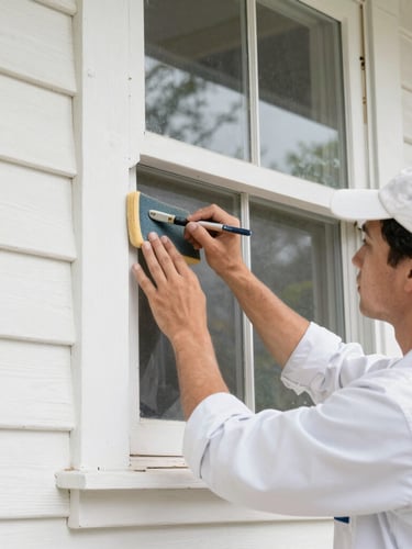 Close-up of a professional painter in a clean uniform meticulously hand-sanding a wooden window frame on a historic Mobile home, bright natural daylight, sharp focus.