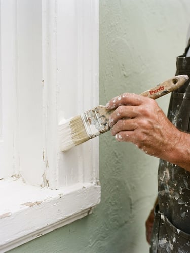 Close-up of a professional painter's hand holding a brush, executing a crisp paint line on historical white trim, bright Southern daylight, 35mm