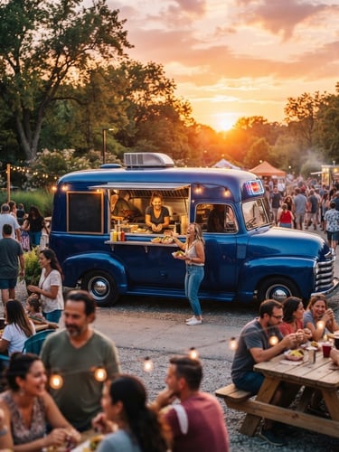 Wide-angle environmental shot of a gleaming deep blue food truck parked at sunset in a bustling Missouri community space, warm golden-hour daylight, 35mm lens