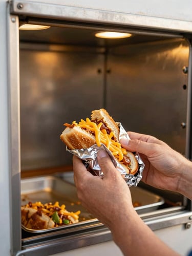 Close-up action shot of hands wrapping a hot chopped cheese sandwich in foil inside a clean brushed steel food truck kitchen, warm interior lighting.