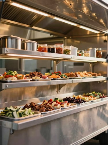 A clean, gleaming stainless steel kitchen prep line inside a modern food truck, warm evening service lights, professional organization