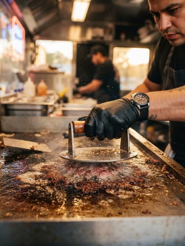 A close-up action shot of a chef smashing a beef patty on a sizzling flat-top griddle inside a clean stainless steel food truck kitchen, crispy lace edges forming, warm glowing overhead lights, vibrant editorial food photography style.