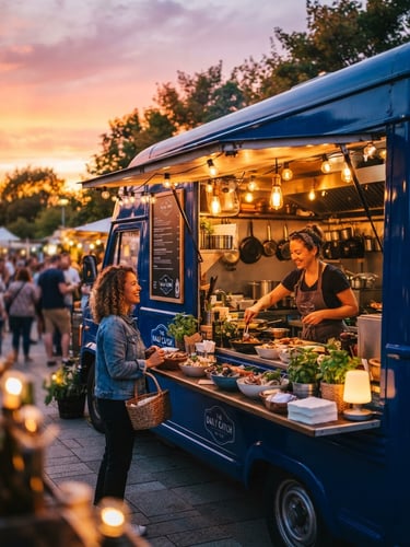 Gleaming deep blue food truck parked at sunset with warm glowing service lights, 35mm lens