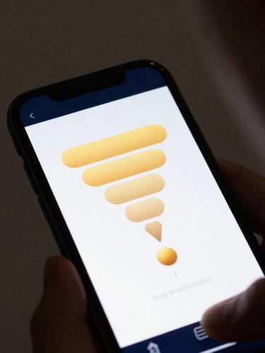 Over-the-shoulder macro shot of a modern mobile device displaying a clean conversion funnel visualization with glowing golden highlights, moody studio lighting