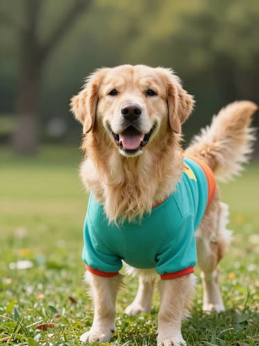 Bright cheerful pet photography, a happy golden retriever wearing a colorful handmade teal shirt, playing in a sunny park, soft natural daylight, shallow depth of field