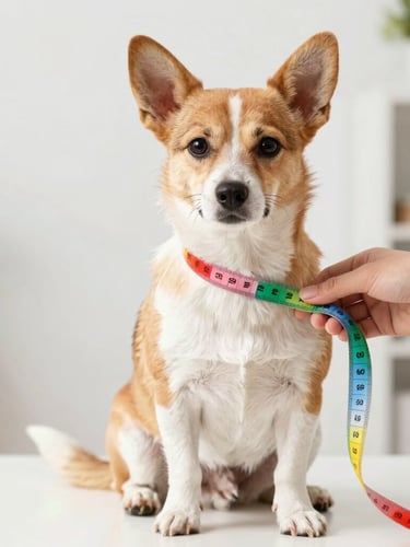 Bright cheerful pet photography of a small dog sitting calmly while a hand gently measures its chest with a colorful tape, soft daylight, 35mm