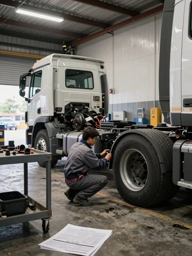 Medium-wide shot inside a commercial truck maintenance bay under warehouse fluorescent lighting—a technician in work coveralls crouches beside a semi-truck front axle checking brake components, a metal parts cart and printed inspection sheet visible in the foreground, concrete floor with oil stains, no glamour