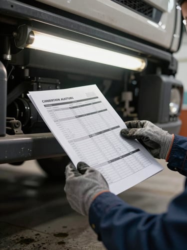 Close-up shot inside a maintenance bay, a technician's gloved hands holding a printed inspection sheet against the side of a truck chassis, fluorescent overhead light, grease-stained concrete floor at the bottom edge, shallow depth of field on the paperwork