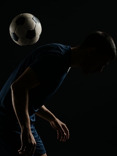 Wide studio shot from left edge, male football freestyler mid upper-body trick balancing ball on neck, torso angled forward, studio strobe side-lighting creating sharp shadow contrast on dark background, athletic kit visible from waist up, ball sharply in focus mid-air, no face visible — profile silhouette only